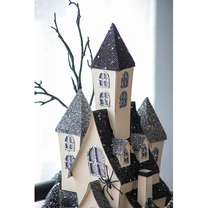 US Local 10x8.3x13.5 Cardboard Lighted Haunted House, Black Beige Tabletop Holiday Halloween Decor, Battery Powered