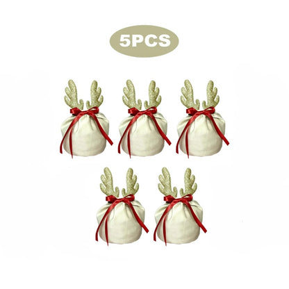 US Local 5Pcs Christmas Antler Gift Bags With Drawstring Flannel Gift Pouches Reusable Xmas Party Gift Wrapping Bag For Xmas New Year Birthday Wedding Winter Party Supplies