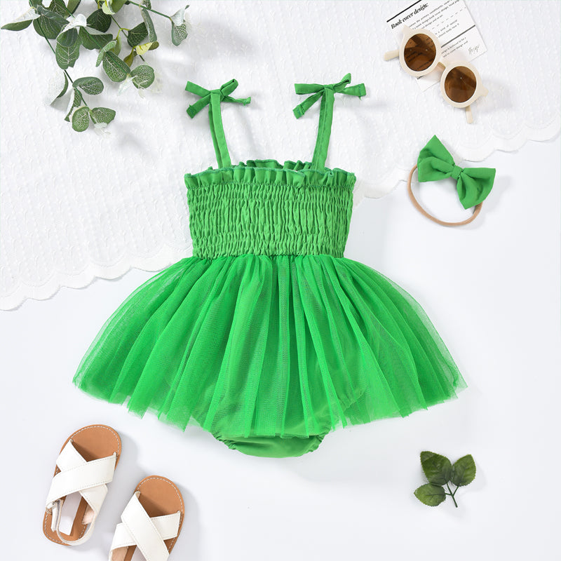 US Local Baby Girl's Clover Embroidered Dress & Headband Set, Sleeveless Ruffle Romper With Tulle Skirt
