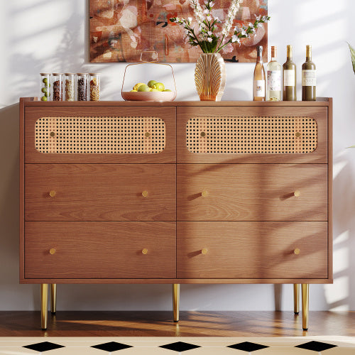 UK Local Rattan Sideboard Cabinet For Living Room, Chest Of Drawers With 6 Drawers, Walnut -40D X 120W X 90H Centimetres