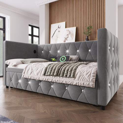UK Local Daybed Single Upholstered Bed Sofa Bed With USB &Type C Charging Station, 3FT Single Bed 90 X 190 Cm With Trundle ,Pull Out Trundle For Living Room And Bedroom, Velvet