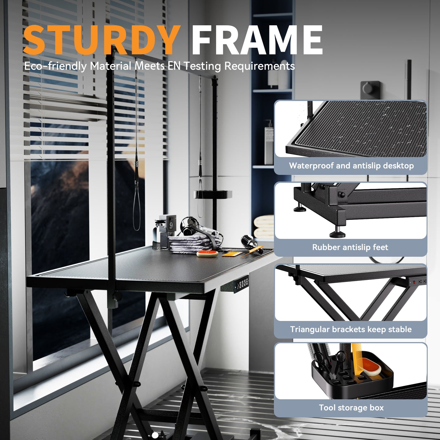 US Local Height Adjustable Pet Grooming Table, Equipped With Leveling Wheels, Dog Grooming Arms, Anti Slip Tabletop, And Tool Organizer 50 Inches, Black