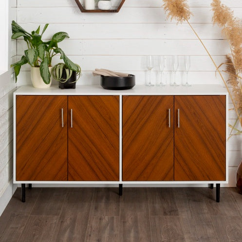 US Local Mid-Century Modern Faux-Bookmatch Door Buffet  White Teak