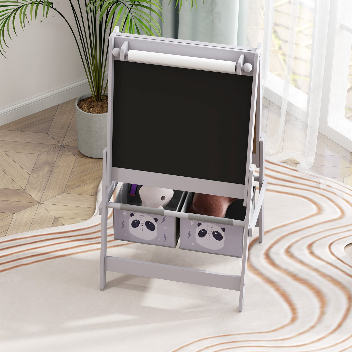 US Local Art Easel for Kids with Paper Roll, Blackboard, Whiteboard, Storage