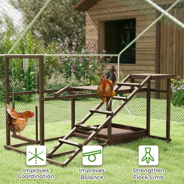 US Local Wooden Chicken Activity Play Set With Perch, Swing, Ladder, Platforms, Feeder Storage, Coffee