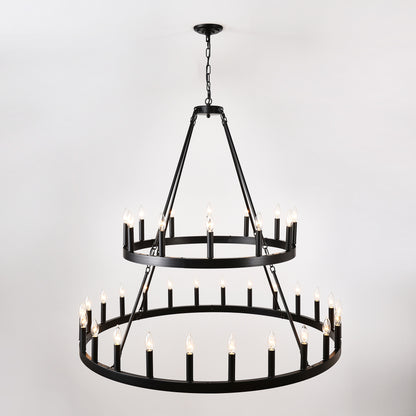 US Local 2 Tiers Wagon Wheel Chandelier Wooden Farmhouse 36-Light Black Metal Chandeliers 2-Story Light Fixtures Industrial For High Ceiling Living Dining Room Foyer. Adjustable Height