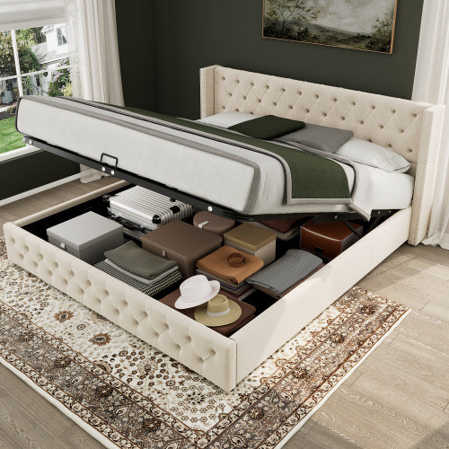 UK Local Upholstered Bed, 135x190, With Hydraulic Lever, Functional Bed From Storage,velvet, Beige