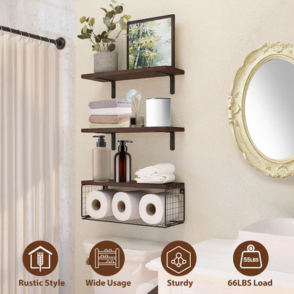 US Local 2 In 1 Floating Shelves Wall Mounted With Storage Basket Bathroom Shelves Over Toilet Wooden Shelves For Bedroom Living Room Kitchen Office Wall Decor Plants