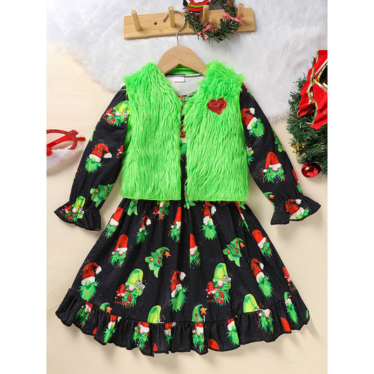 US Local Toddler Kids Baby Girl Christmas Dress Outifts, Long Sleeves Cartoon Prints Party Dress With Heart Print Vest Coat Xmas Clothes Set