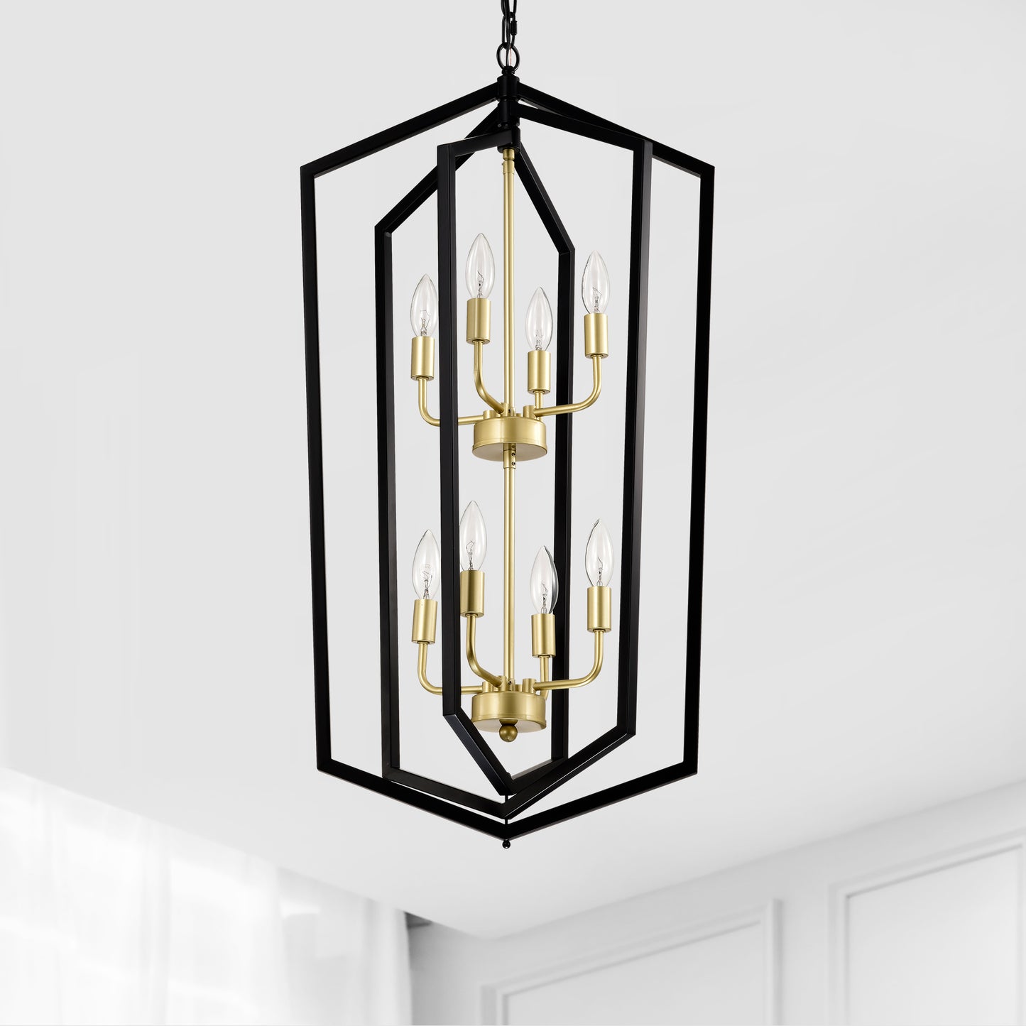 US Local 8-Light Lantern Tired Farmhouse Ceiling Hanging Light Black Chandelier Metal Modern Pendant Light Fixtures For Kitchen Island Dining Room Living Room Foyer Entryway E12 Bulbs Not Included
