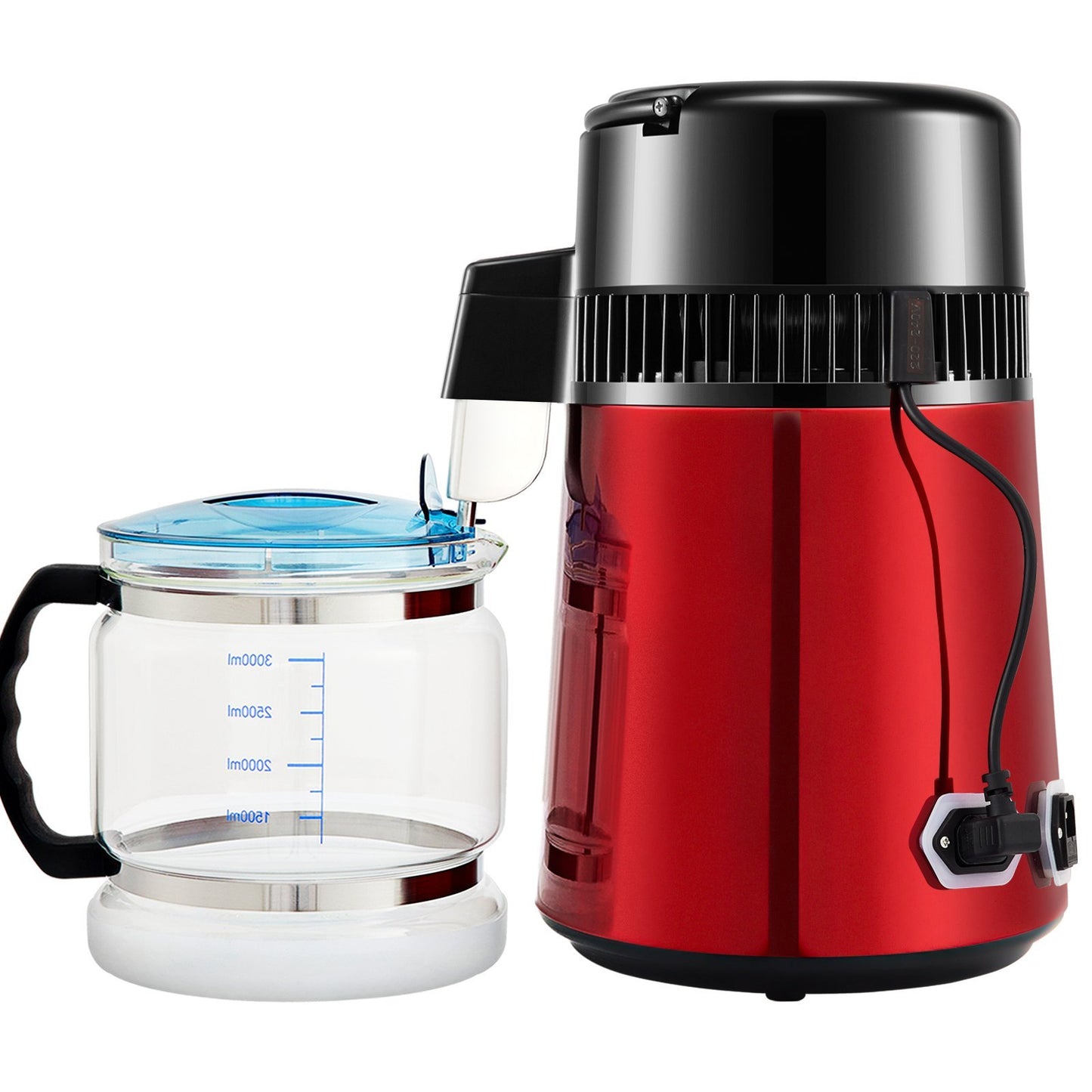 US Local 1.1Gal Water Distiller, 750W Distilled Water Maker Machine 0-99H Timing Dual Temp Display, 304 Stainless Steel Countertop Distiller Glass Carafe Cleaning Powder 3 Carbon Packs, Red