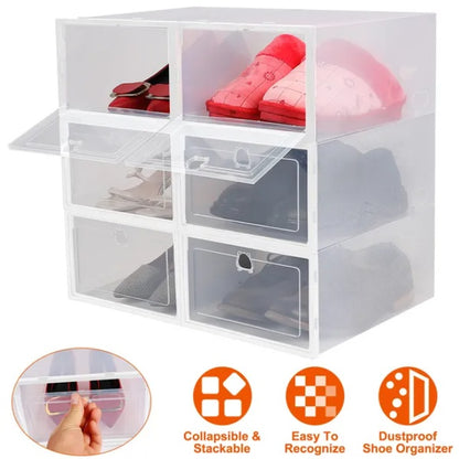 US Local 6Pcs Collapsible Shoe Box Stackable Shoe Storage Bin Transparent Dustproof PP Shoe Organizer Container