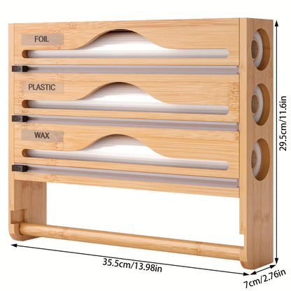 US Local Bamboo Plastic Wrap Cutter With Paper Towel Holder Kitchen Wall-mounted Tinfoil Cutter With Three-grid Cutter And Paper Towel Storage Rack