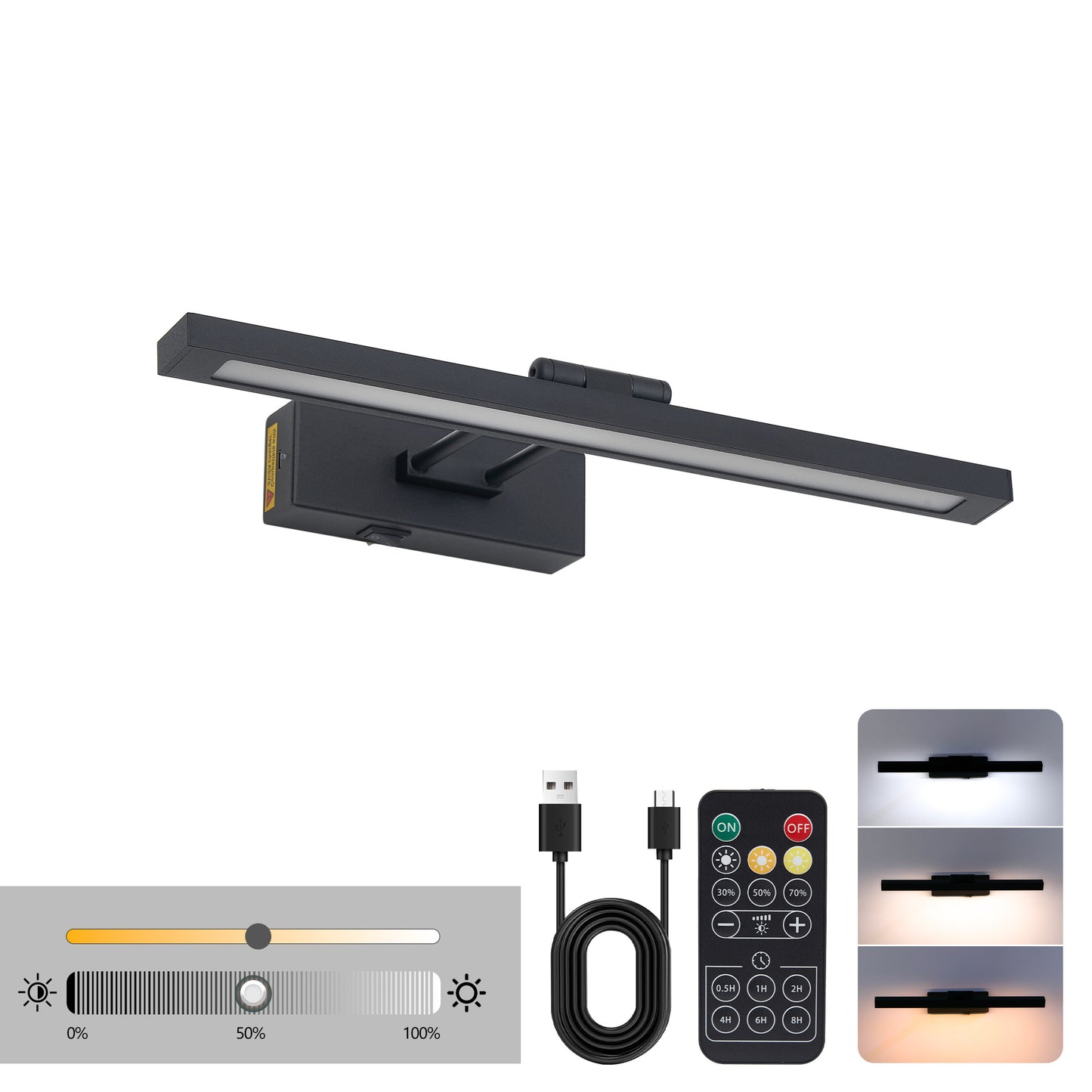 US Local Picture Light Battery Operated With Remote, LED Black Art Lights For Paintings Rechargeable Dimmable And Timer, 16in Wall Sconce For Art Painting Gallery Adjustable Swing Arm For Display