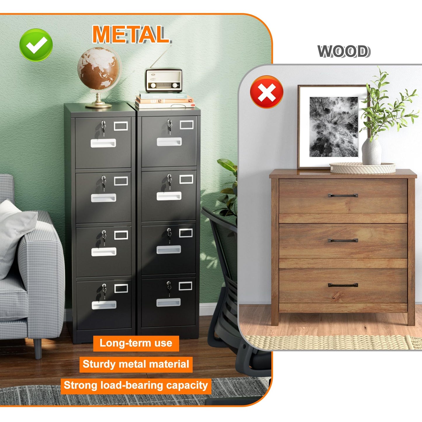 US Local 4 Drawer File Cabinet, Metal Vertical Black Filing Cabinets With Lock For Home Office With Name Card Holder For Letter,Legal,A4,F4 Size,Assemble Required