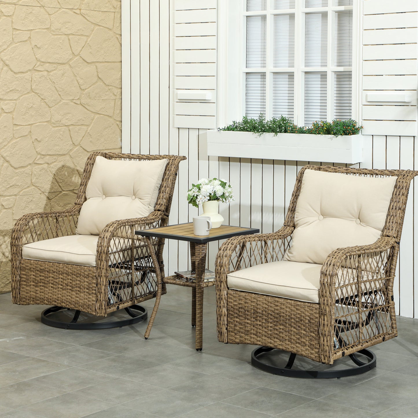 US Local 3 Piece Outdoor Bistro Set, Wicker Small Patio Furniture Set With Swivel Glider Chairs For Balcony, Porch, Beige