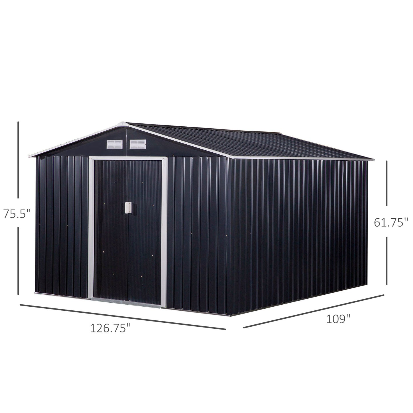 US Local 11' X 9' Metal Storage Shed, Garden Tool House With Double Sliding Doors, 4 Air Vents For Backyard, Patio & Lawn, Dark Gray