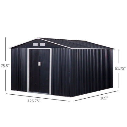 US Local 11' X 9' Metal Storage Shed, Garden Tool House With Double Sliding Doors, 4 Air Vents For Backyard, Patio & Lawn, Dark Gray