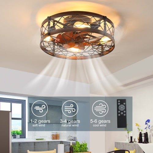 US Local Cage Ceiling Fan With Light, Black, Recessed Ceiling Fan Light, Farmhouse Small Ceiling Fan With Light Fixture, Bedroom Reversible Fan - E26 Bulb Included