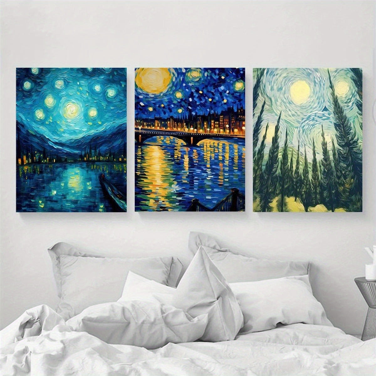 US Local 3-piece Starry Sky Canvas Wall Art Set, Abstract Blue Night Sky Landscape Prints, Wrapped Pine Frames, Classic Decorative Art Style, Modern Indoor Outdoor Wall Hanging Decor, Suitable For Living Room