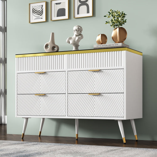 UK Local Sideboard Cabinet Dresser With 6 Drawers,Amber Glass Chest Of Drawers, Compartmentalised Storage,Anti-tip,Dressing Table For Living Room, Hallway, Bedroom, And Children's Room, 120 X 40 X 76 Cm, White
