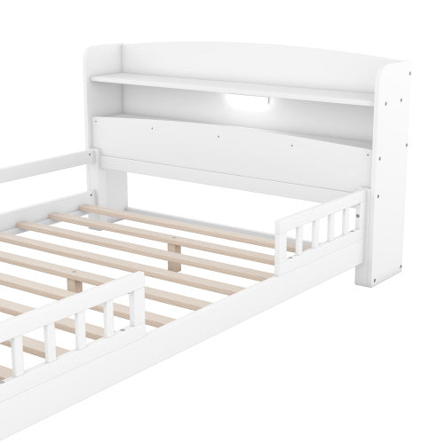 US Local Wood Full Size Platform Bed With Built-in LED Light, Storage Headboard And Guardrail, White
