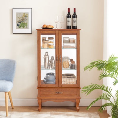 US Local Lighted Glass Cabinet Glass Wine Cabinet Curio Display Cabinet With Adjustable Glass Shelves 2 Doors And 1 Drawer Cabinet Bulb Included OAK