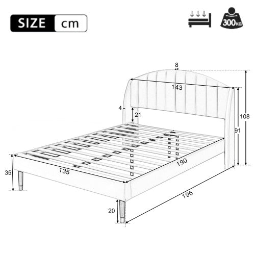 UK Local Upholstered Bed,Double Bed-4ft6 135x190cm,with Slatted Frame And Headboard, Youth Bed, Wooden Slatted Support, Easy Assembly, Velvet, Beige