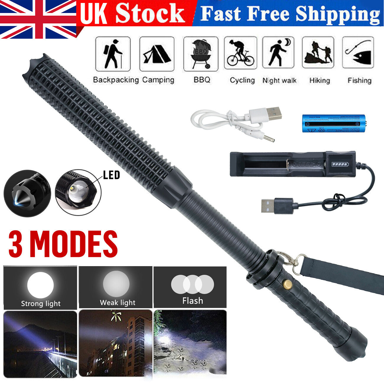 UK Local Baseball LED Flashlight Zoom Rechargeable Torch Spotlight Emergency Security Work Light 3 Lighting Modes