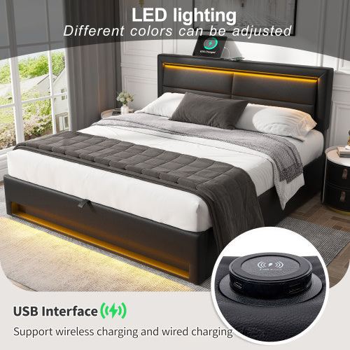UK Local Upholstered Bed 150 X 200 Cm, King Size Bed-5ft,with USB Port Supports Wireless And Wired Charging, With LED Lighting And Storage Space, Without Mattress, PU Lychee Pattern, Black