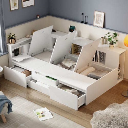 UK Local Children's Bed, Single Bed-3ft90x190cm, Single Bed, Multifunctional Children's Bed With Drawers, Bookcase And Storage Cupboard, Bed Box With Storage Space, Without Mattress, White