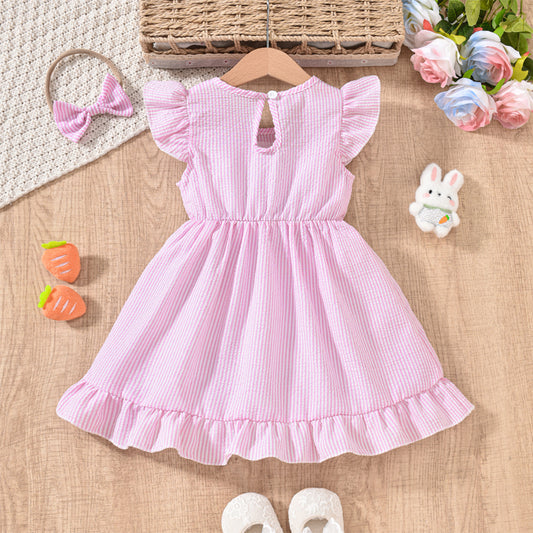 US Local Toddler Girl's Bunny Embroidered Dress, Round Neck Short Sleeve A-Line Dress With Back Button Closure