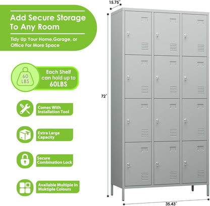 US Local Metal Lockers For Employees With 12 Door & Hooks,Metal Storage Locker With Lock And Card Slot For School Office Garage Gym Bedroom Home,Assembly Required,12 Doors Light Grey