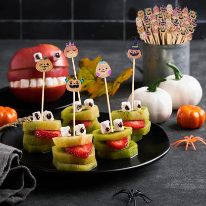 Halloween Pumpkin Cocktail Picks 5 Inch Bamboo Fancy Toothpicks For Appetizers, Decorative Fall Halloween Thanksgiving Party Food Drinks Garnish Fruit Skewer Sticks Multi-item Party Favor Pack