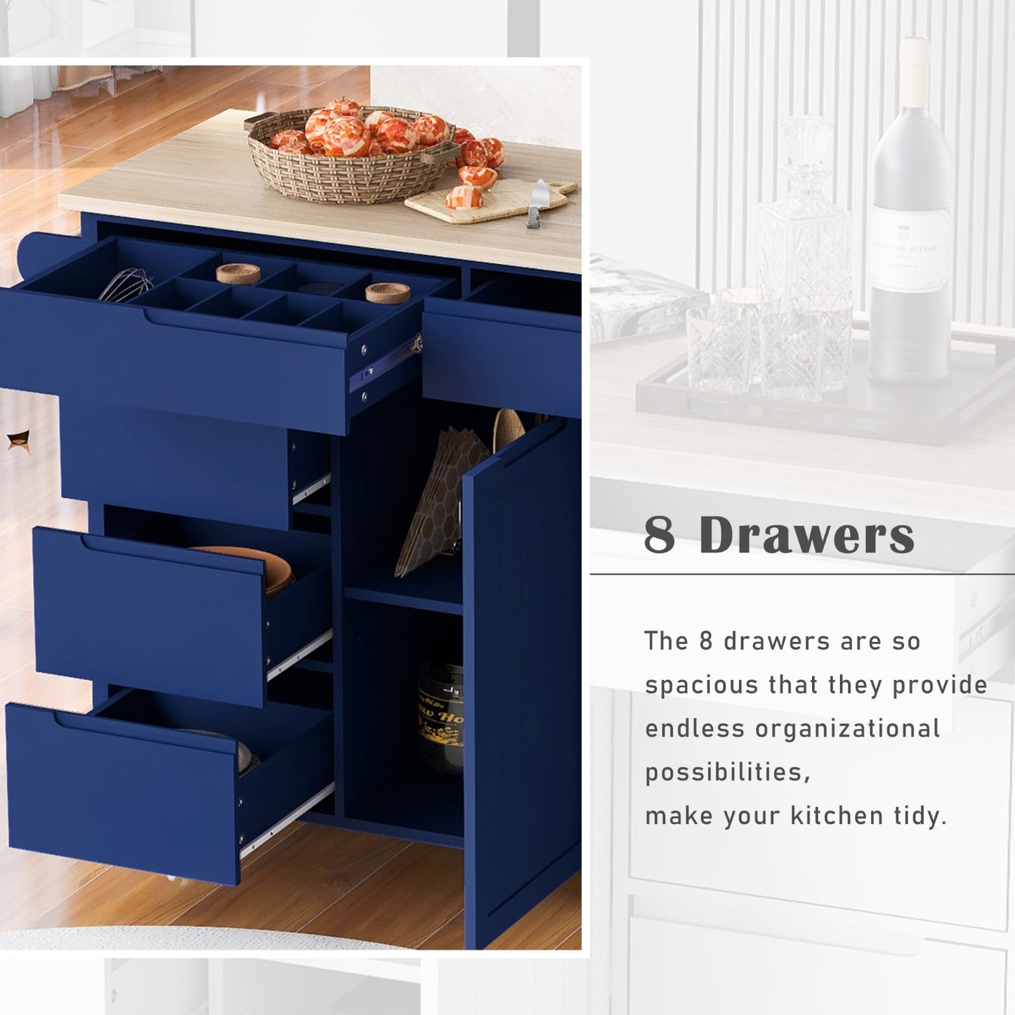US Local K&K Store Kitchen Cart With Rubber Wood Top, 8 Handle-Free Drawers