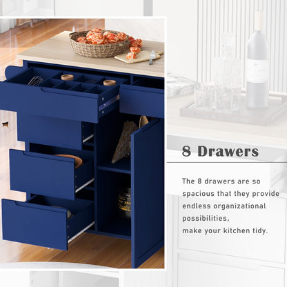 US Local K&K Store Kitchen Cart With Rubber Wood Top, 8 Handle-Free Drawers