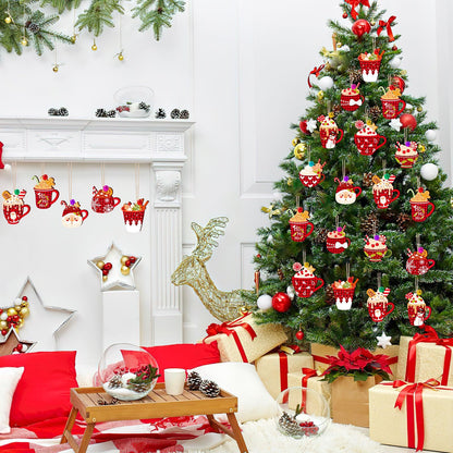US Local 50 Pieces Christmas Wooden Ornaments Hot Cocoa Blanks Pendants Unfinished Predrilled Wood Buffalo Plaid Coffee Mug Slices Hanging For Xmas Festivals DIY Crafts Decoration, 10 Styles