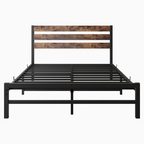 US Local Full Size Platform Bed Frame With Rustic Vintage Wood Headboard, Strong Metal Slats Support Mattress Foundation, No Box Spring Needed Rustic Brown