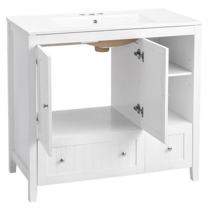 US Local White MDF Painted Double Door Double Drawer With Masking Strip Basin Cabinet 91x46x82cm