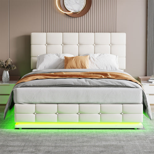 UK Local Ottoman Double Bed With LED Lighting, PU Leather Upholstered Bed With Hydraulic Storage, 4ft6 Double Bed Frame With Adjustable Button Tufted Headboard, Cream White No Mattress