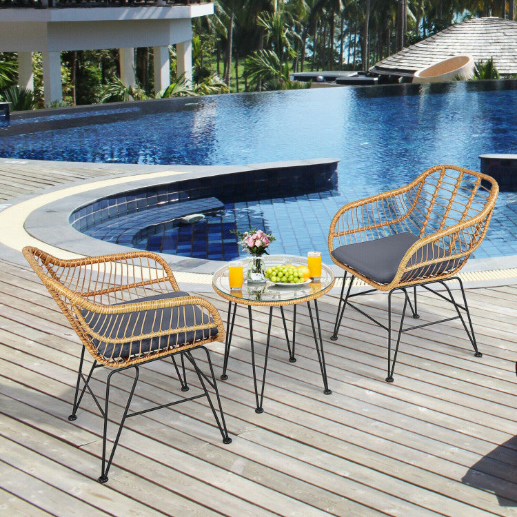 US Local 3 Pieces Rattan Furniture Set With Cushioned Chair Table