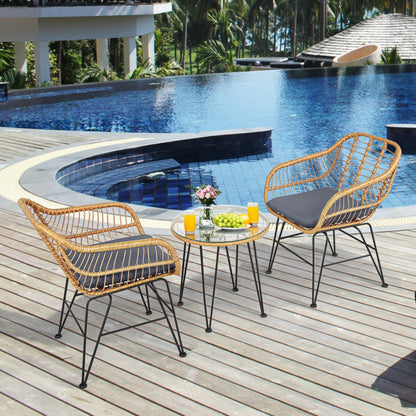 US Local 3 Pieces Rattan Furniture Set With Cushioned Chair Table
