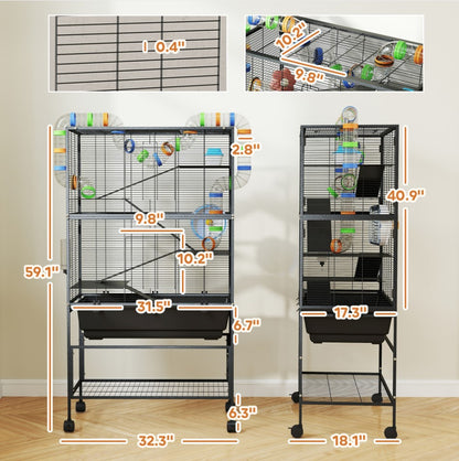 US Local 5 Tier Hamster Cage, Rolling Rat Cage With Deep Tray, Storage Shelf, Big Exercise Wheel, Hut, Tube System
