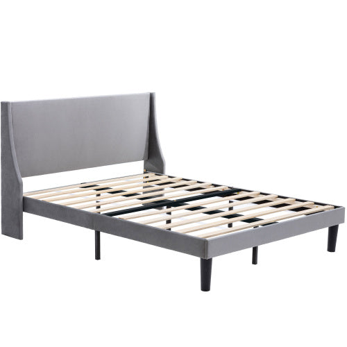 UK Local Double Bed Soft Linen Grey 4FT6 Upholstered Bed With Winged Headboard, Wood Slat Support