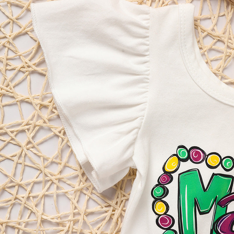 US Local Baby Girls' Mardi Gras Outfit Set Ruffle Sleeve Letter Print Bodysuit, Mesh Tutu Skirt & Hairband