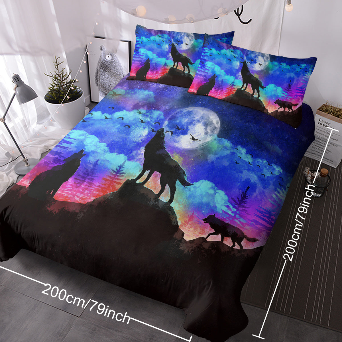 US & UK Local Moon Wolf Duvet Cover Set Single 3pcs Colorful Microfiber Kids Bedding Set