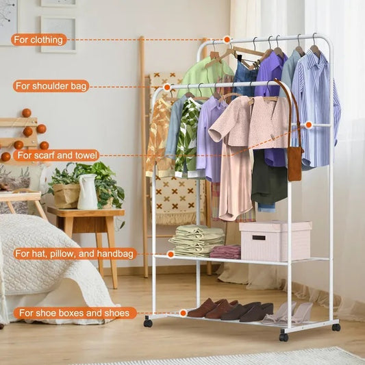 US Local Garment Hanging Rack Clothing Hanging Rail Pillow Shoe Display Organizer Stand Rolling Wheel Clothes Organizer