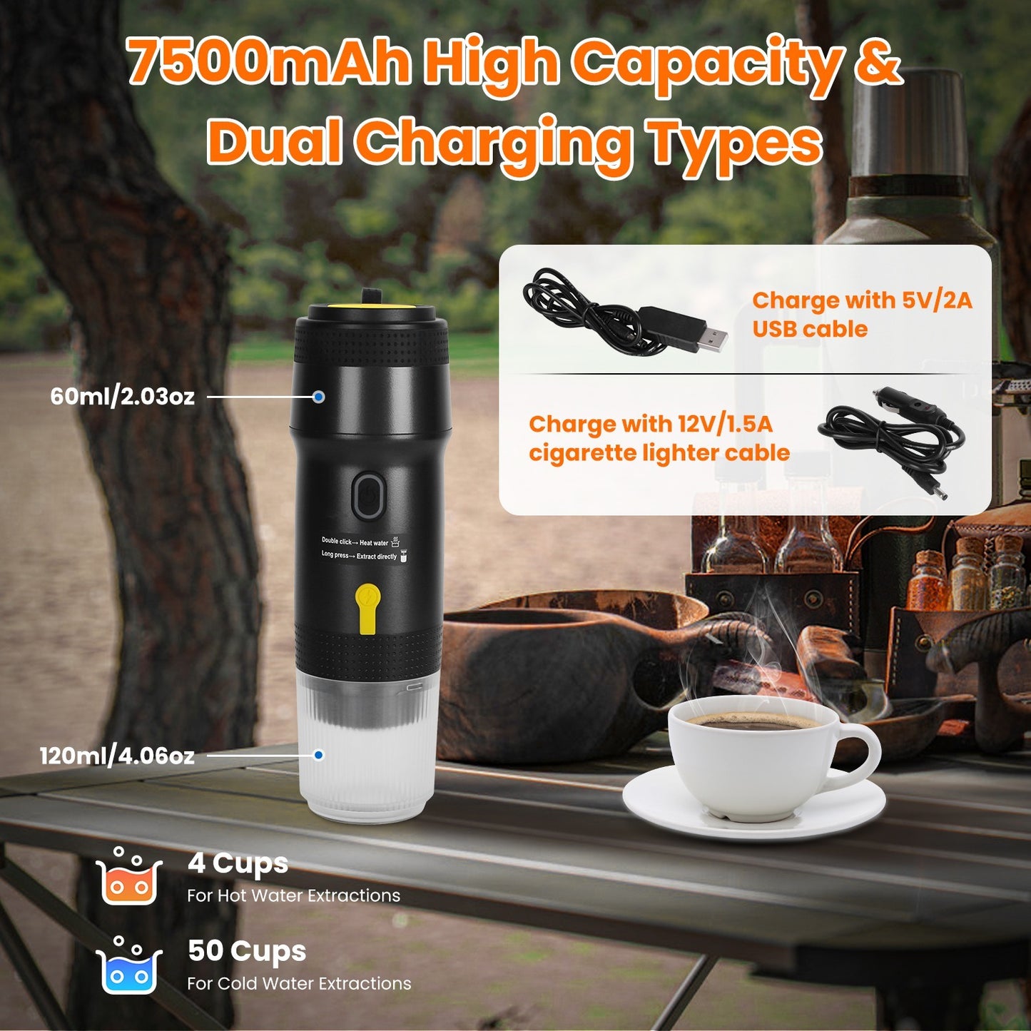 US Local 1Pc Portable Electric Espresso Machine Cordless Coffee Maker Self Heating Car Espresso Maker With Anti Dry Burn Fit For Ground Coffee NS DG Capsules For Car Camping Hiking RV Home Office