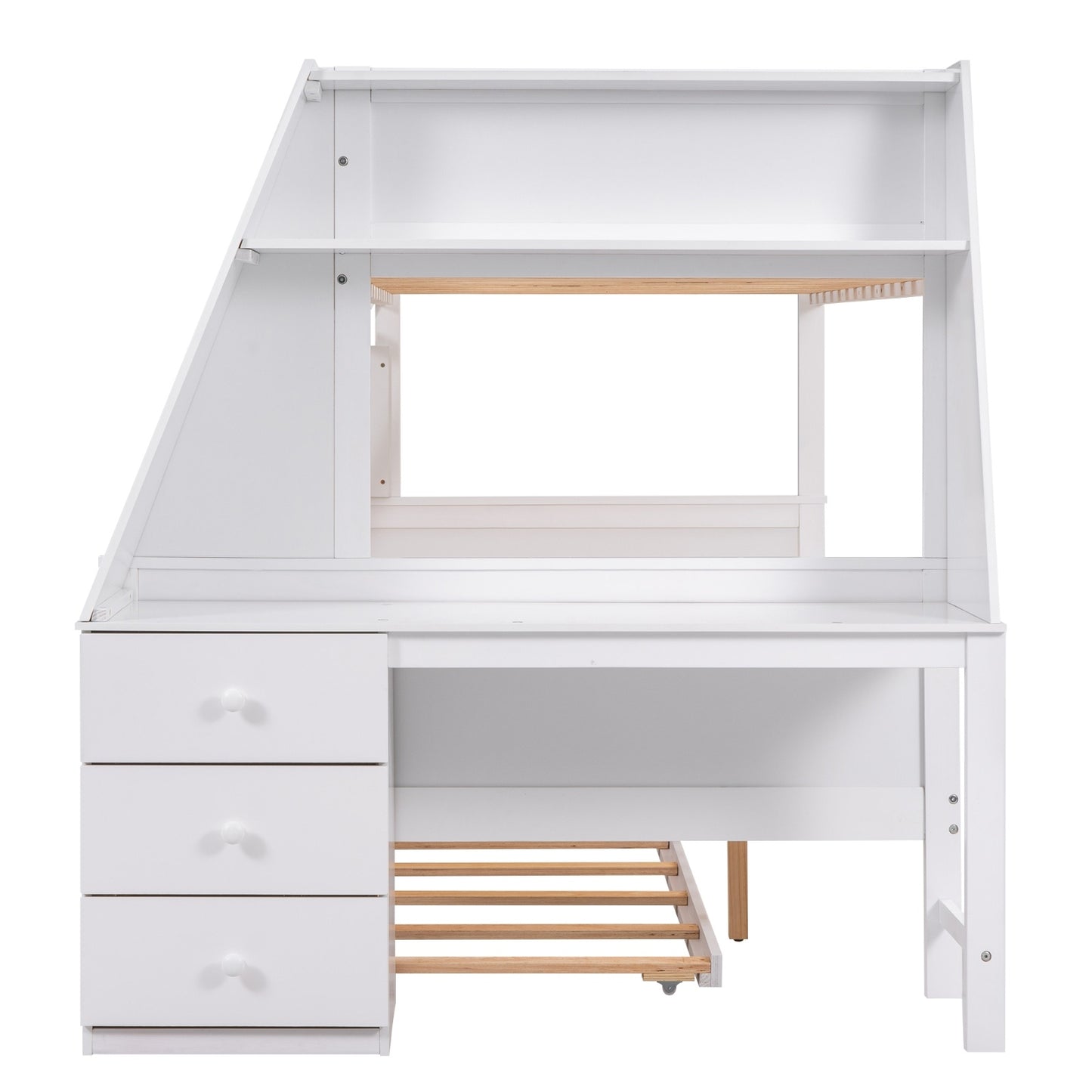 US Local Twin Full Bunk Bed W Trundle, Desk, 3 Drawers  Shelf - White