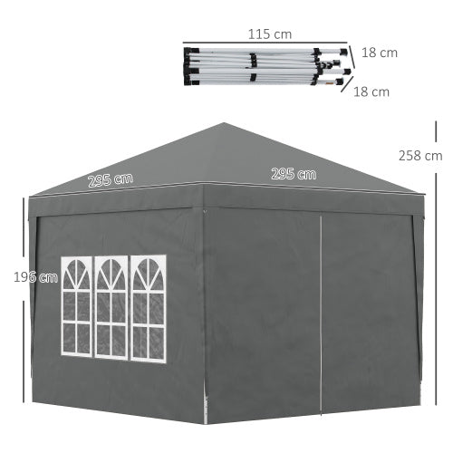 UK Local Outsunny 3 X 3 Meters Pop Up Water Resistant Gazebo Wedding Camping Party Tent Canopy Marquee With Carry Bag And 2 Windows, Grey